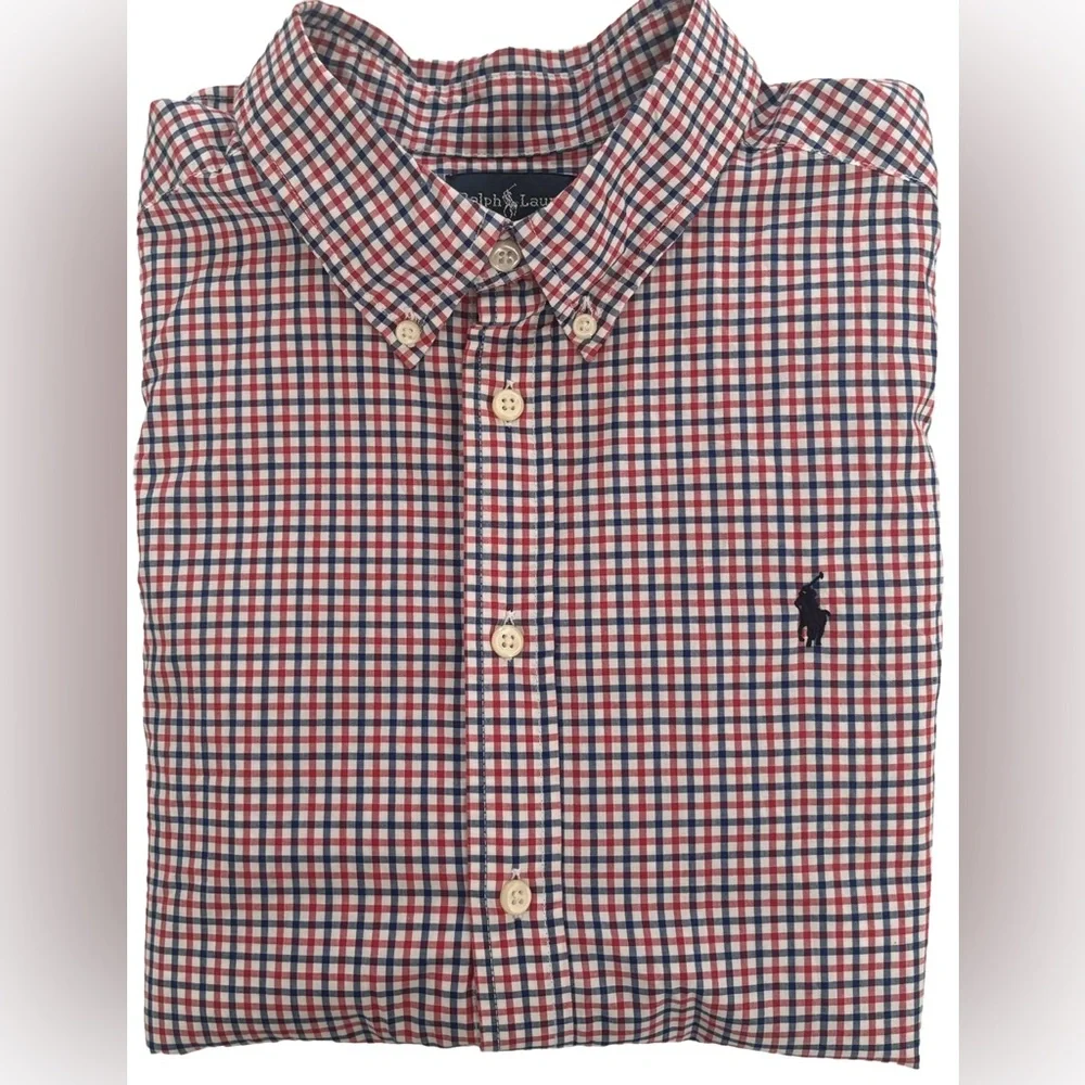 Ralph Lauren Boys 100% Cotton button down shirt Blue Red White Collegiate preppy